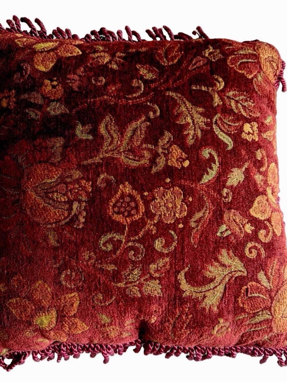 VTG Throw Pillow Twisted Tassels Burgundy Gold  Damask Jacquard Chenille Design